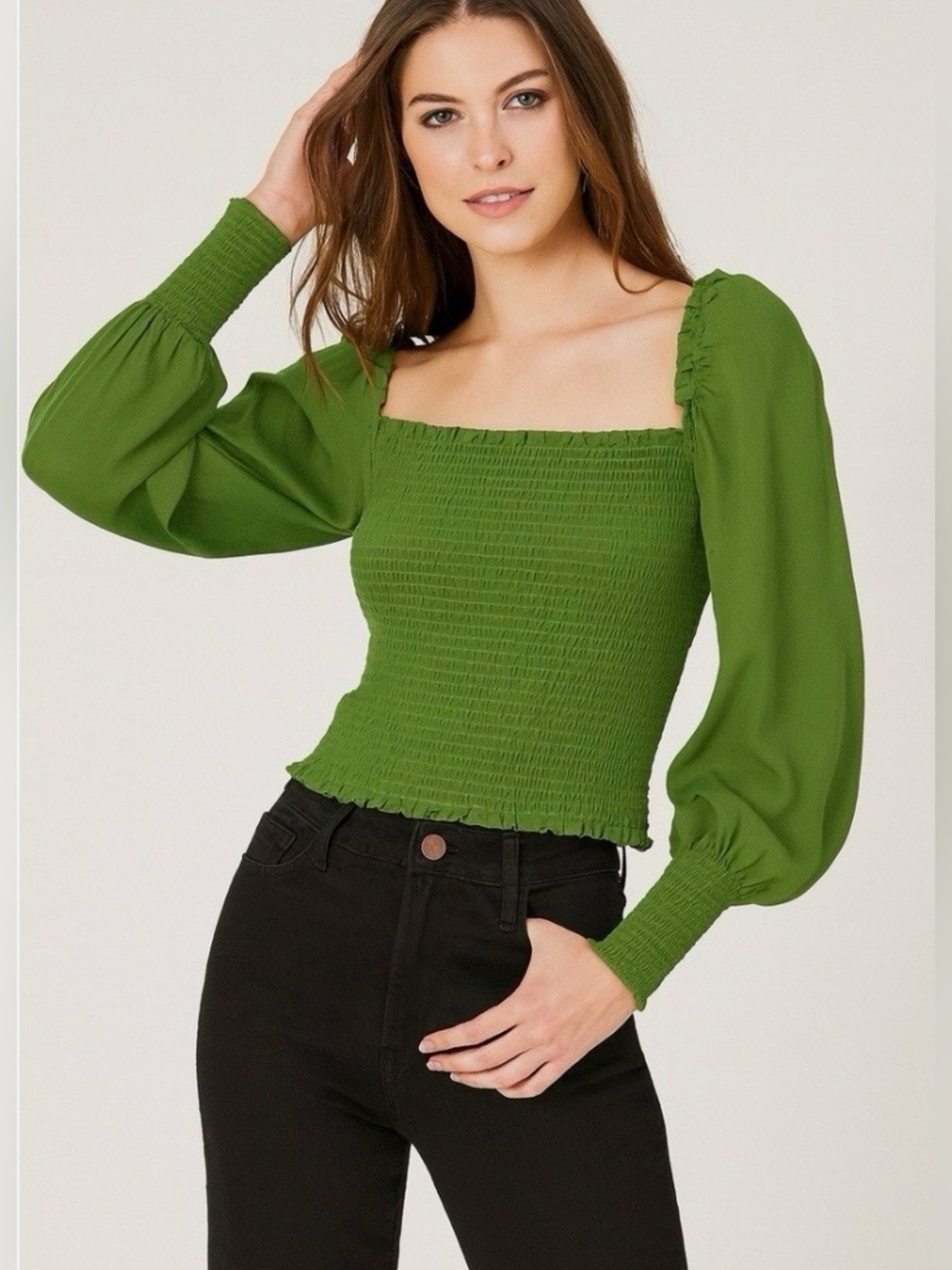 Reformation Pinto Smocked Top Green Puff Sleeve Square Neck Size M